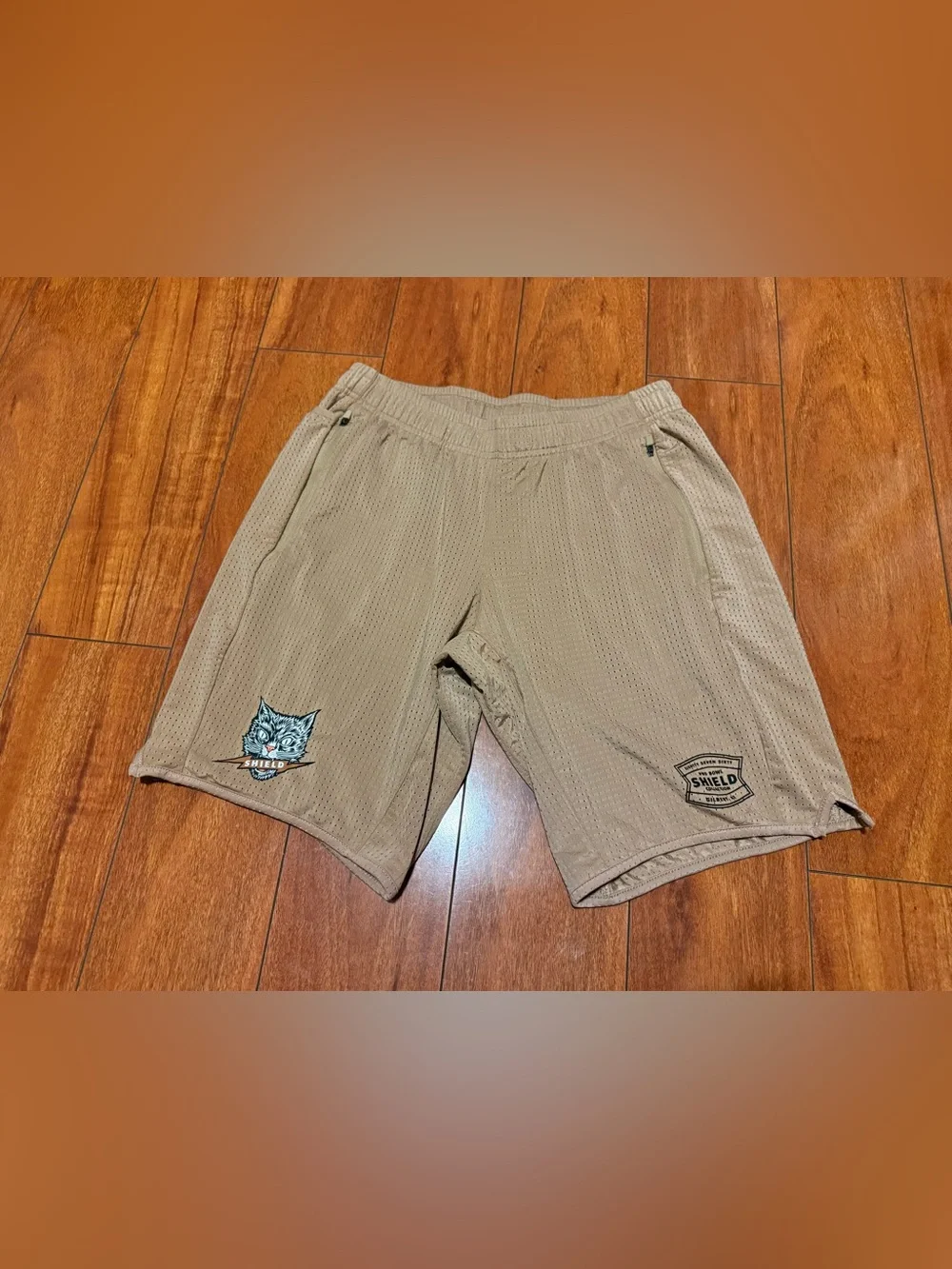 Men's Tan Athletic Mesh Shorts with Logo Accents